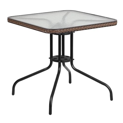 Flash Furniture Lila 3-Piece 28" Square Indoor/Outdoor Patio Table and Chairs Set, Glass Metal Bistro Table and 2 Stacking Rattan Chairs, Brown