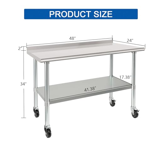 HARDURA Stainless Steel Table 24 x 48 Inches with Wheels Casters NSF Heavy Duty Commercial Prep Table with 2” Backsplash and Adjustable Undershelf for Restaurant Kitchen Home and Hotel