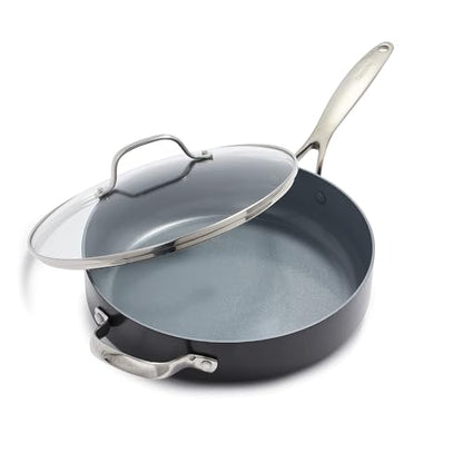 GreenPan Valencia Pro Hard Anodized Healthy Ceramic Nonstick 4.5QT Saute Pan Jumbo Cooker with Lid, PFAS-Free, Induction, Dishwasher Safe, Oven Safe, Gray