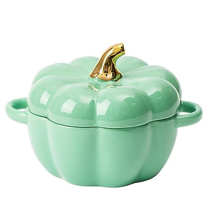 Pumpkin Pottery Dutch Oven Pot with Lid, Mini Baking Dish Casserole (Green)