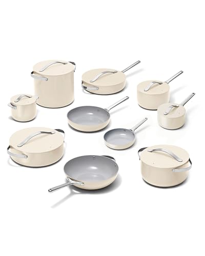 Caraway 24-Piece Nonstick Ceramic Cookware Set - Includes Fry Pans, Sauce, Sauté Pan, Dutch Oven, Petite Cooker, Stir Fry, Rondeau, Stock Pot, Lids & Storage Organizers - Cream