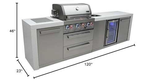 Mont Alpi MAi400-DBEV 32-inch 4 Burner 78000 BTU Deluxe Stainless Steel Modular Outdoor Kitchen Island Barbecue Grill with Beverage Center + Granite Countertops & Sides + Rotisserie and Grill Cover