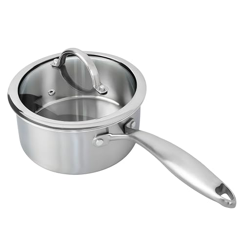 Stainless Steel Small Brushed Saucepan With Lid, Induction Cooking Sauce Pot Pans, 18/10Tri-Ply Heavy Bottom Saucier Cookware, Dishwasher Safe & Oven Safe (2.5QT)