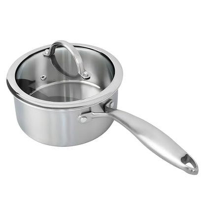 Stainless Steel Small Brushed Saucepan With Lid, Induction Cooking Sauce Pot Pans, 18/10Tri-Ply Heavy Bottom Saucier Cookware, Dishwasher Safe & Oven Safe (2.5QT)