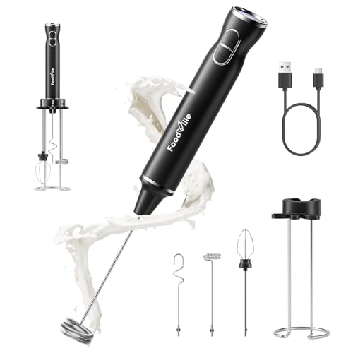 FoodVille MF06 Rechargeable Milk Frother 1800 Mah with 9 Speed and 3 Frother, LED Display Screen, Storage Stand, for Coffee Milk Foam, Cappuccino, Latte, Keto Diet, Protein Powder, Matcha, Bulletproof