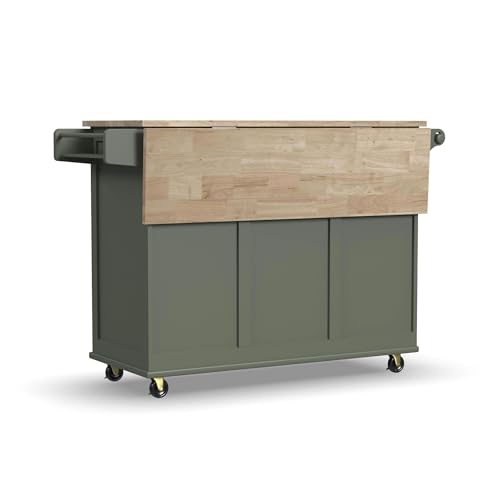 Homestyles Mobile Kitchen Island Cart with Wood Top and Dropleaf Breakfast Bar, 18" D x 53.5" W x 36" H, Green