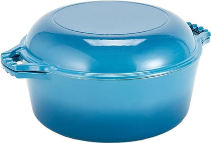 Bruntmor 2-in-1 Enamel Cast Iron Dutch Oven With Handles - Crock Pot Blue Cast Iron pot with Skillet lid - All-in-One Cookware Braising Pan for Casserole Dish - 7 Quart, Blue