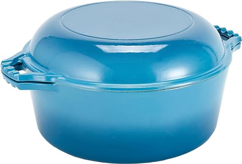 Bruntmor 2-in-1 Enamel Cast Iron Dutch Oven With Handles - Crock Pot Blue Cast Iron pot with Skillet lid - All-in-One Cookware Braising Pan for Casserole Dish - 7 Quart, Blue