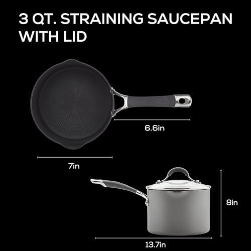 Circulon Radiance Hard-Anodized Nonstick Saucepan, Durable Nonstick Cookware, Sauce Pan with Straining Lid, 3-Quart, Gray