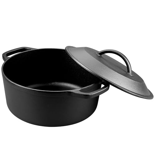 VORRINGARD Pre-Seasoned Cast Iron Dutch Oven with Lid, Round and Dual Handles, for Stovetop, Camping, Grill, Induction, Electric, Black, 3 qt