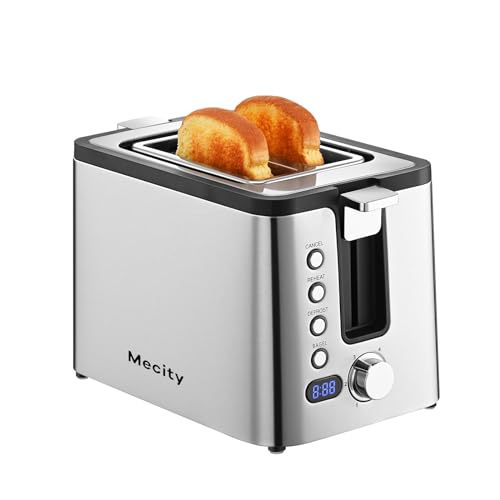Mecity Toaster 2 Slice Stainless Steel Body, Timer, Bagel, Defrost, Reheat, Cancel Functions, Warming Rack, Removable Tray, 6 Browning Settings, Extra Wide Slots, Bread Toaster 800W