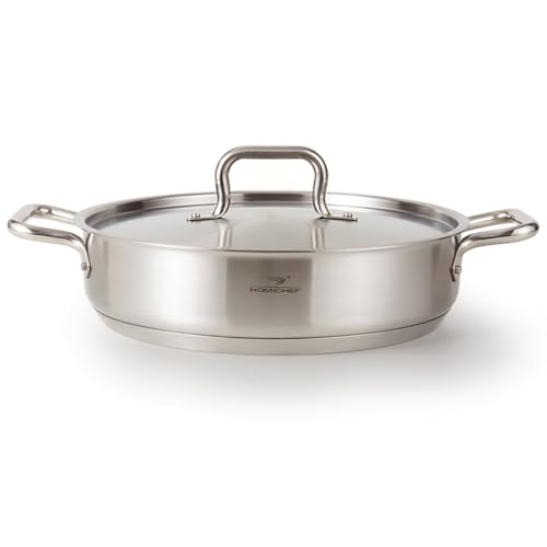 HOMICHEF Braiser Pan 5 Quart with Lid Nickel Free Stainless Steel - Matte Polished Deep Saute Pan Non Toxic - 5 Qt Braiser with Stainless Steel Lid Induction