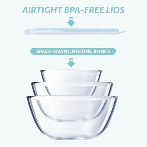 Luvan Glass Mixing Bowls with Lids Set(4.5QT, 2.7QT, 1.1QT)-Large Glass Mixing Bowls, Clear Salad Bowl for Baking, Cooking, Serving, Food Prep, 3PC Nesting Bowls for Kitchen Storage & Dishwasher Safe