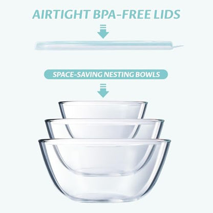 Luvan Glass Mixing Bowls with Lids Set(4.5QT, 2.7QT, 1.1QT)-Large Glass Mixing Bowls, Clear Salad Bowl for Baking, Cooking, Serving, Food Prep, 3PC Nesting Bowls for Kitchen Storage & Dishwasher Safe