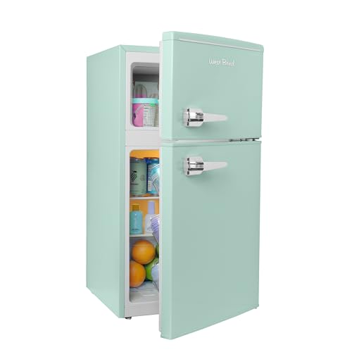 West Bend Mini Fridge with Freezer for Bedroom, Office, Bar or Dorm Room, Retro Compact Refrigerator features Glass Shelves, Manual Defrost and Adjustable Temperature Control, 3.1-Cu.Ft., Green
