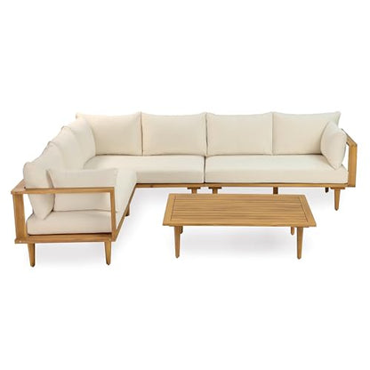 Christopher Knight Home Flynn Acacia Wood Patio Furniture Set, 6-Seater L-Shaped Sectional Sofa Set and Small Coffee Table, Outdoor Conversation Set for Backyard Poolside Balcony, Natural+Beige