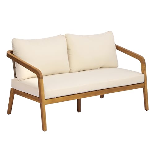 2-Piece Outdoor Loveseat & Coffee Table Set, Acacia Wood Patio Furniture with PE Wicker Backrest, High-Resilience Cushions, 800 lbs Capacity, for Patio Backyard Sunroom Poolside