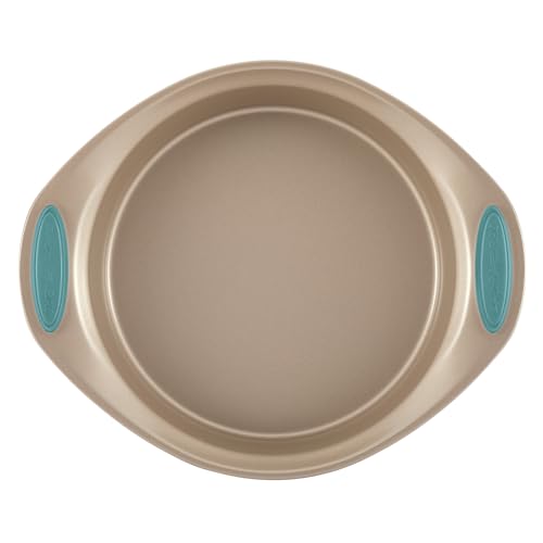 Rachael Ray Cucina Bakeware Set Includes Nonstick Bread Baking Cookie Sheet and Cake Pans, 5 Piece, Latte Brown with Agave Blue Grips