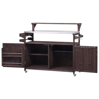Merax 53.3" Outdoor Kitchen Island with Raised Shelf, Solid Wood Storage Cabinet with Stainless Steel Top, Rolling Grill Cart, Adjustable Shelf, Brown