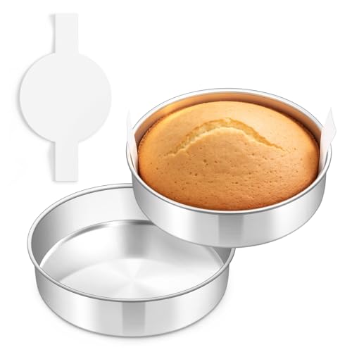 TeamFar 8 Inch Cake Pan Set of 2, Stainless Steel Layer Cake Baking Pans Tins with 90 Pcs Parchment Paper, Round Bakeware for Birthday Wedding, Non-Toxic & Healthy, Mirror Finish & Dishwasher Safe