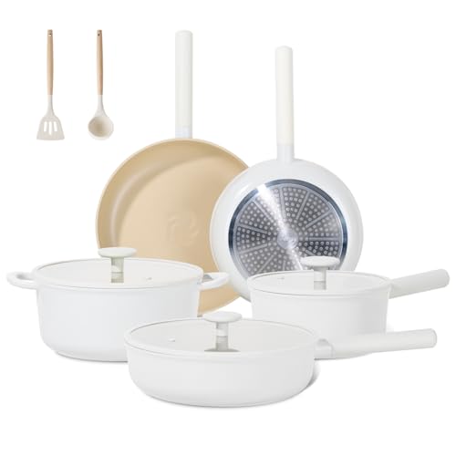 JEETEE Ceramic Cookware Set, 15 PCS Pots and Pans Set Non Stick with Removable Handles, Non Toxic Induction Kitchen Cookware Sets, Oven Safe PFAS/PFOA Free Cream