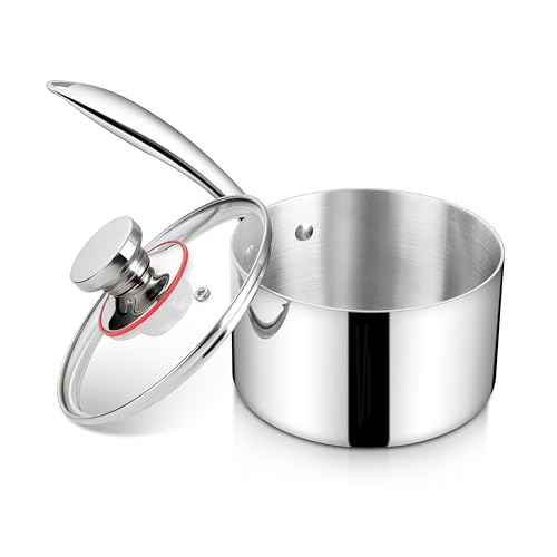 Homikit 2 Quart Saucepan with Lid, 2QT Tri-Ply Stainless Steel Sauce Pan with Ergonomic Handle, Heavy Bottom Small Pot for Kitchen Cooking, Compatible with All Cooktops for Boiling Eggs Warming Milk