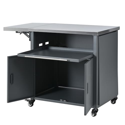 Merax Foldable Outdoor Kitchen Island & BBQ Prep Cart with Stainless Steel Top &Trash Rack & Lockable Wheels & Storage Cabinets – Portable Patio Dining Station for Grilling & Backyard & Camping, Gray