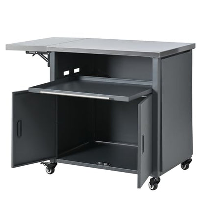 Merax Foldable Outdoor Kitchen Island & BBQ Prep Cart with Stainless Steel Top &Trash Rack & Lockable Wheels & Storage Cabinets – Portable Patio Dining Station for Grilling & Backyard & Camping, Gray