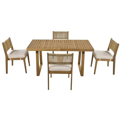 HZSSDTKJ 5-Piece Patio Furniture Dining Set, Multi-Person Outdoor Acacia Wood Dining Table Set with 4 Chair with Thick Cushions, Elegant Conversation Set for Balcony, Vourtyard and Garden (Beige-01)