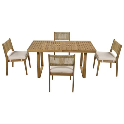 HZSSDTKJ 5-Piece Patio Furniture Dining Set, Multi-Person Outdoor Acacia Wood Dining Table Set with 4 Chair with Thick Cushions, Elegant Conversation Set for Balcony, Vourtyard and Garden (Beige-01)