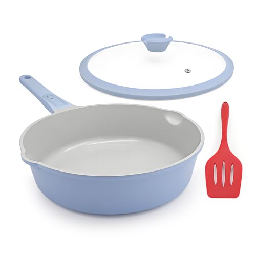 AIKENBBKK Ceramic Frying Pan Skillet with Lid, 12 inch Nonstick Deep Frying Pan for Cooking, 5 QT Large Saute Pan with Detachable Handle, Induction Ready, PTFE & PFAS-Free, Oven Safe, Blue