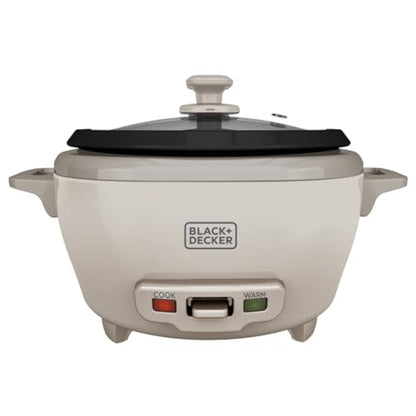 BLACK+DECKER 6-Cup Cooked (3 Cups Uncooked) Rice Cooker, Steaming Basket, Removable Nonstick Bowl, One-Touch Operation, Baked Stone