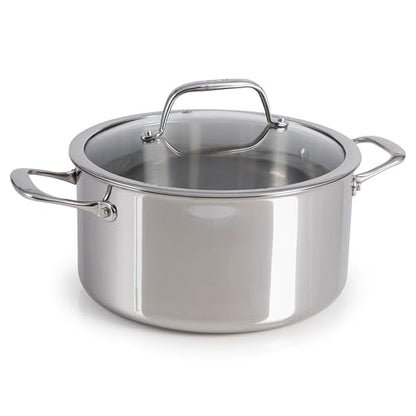 T-Fal Pro Tri-Ply Stainless Steel Large Dutch Oven Pot with Lid, 6 Quart Induction Pot, Oven Safe 500F, Lid 350F, Fast & Even Heat, Professional Quality & Durability, Silver