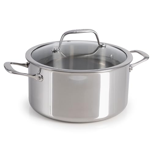 T-Fal Pro Tri-Ply Stainless Steel Large Dutch Oven Pot with Lid, 6 Quart Induction Pot, Oven Safe 500F, Lid 350F, Fast & Even Heat, Professional Quality & Durability, Silver