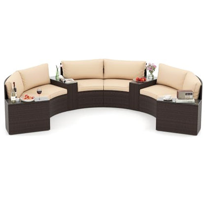 Tangkula 7 Pieces Patio Furniture Set, Rattan Half-Moon Curved Sectional Cushioned Sofas with Tempered Glass Top Side Tables, Outdoor Conversation Set for Porch, Backyard & Poolside