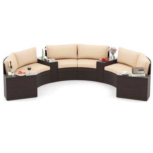 Tangkula 7 Pieces Patio Furniture Set, Rattan Half-Moon Curved Sectional Cushioned Sofas with Tempered Glass Top Side Tables, Outdoor Conversation Set for Porch, Backyard & Poolside