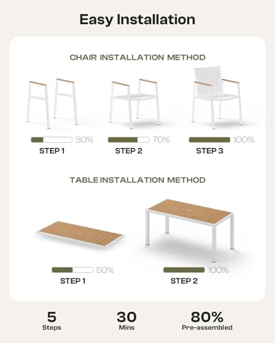 Oasbira Outdoor Dining Set, 7 Piece Aluminum Patio Table and Chairs Set, All Weather Patio Dining Furniture Set with Umbrella Hole for Backyard, Deck, Poolside (White-Teak)