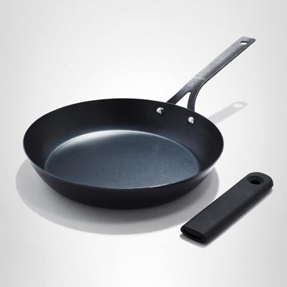 OXO Obsidian 12" Carbon Steel Frying Pan, Pre-Seasoned Skillet, Builds Natural Nonstick with Use, Induction Ready, Oven Safe, Removable Silicone Handle