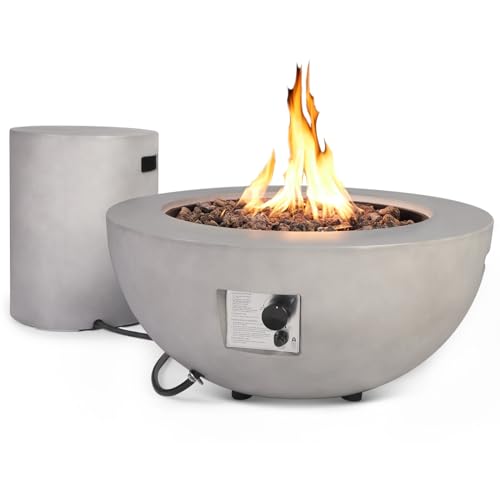 ReeQuo 2-Piece Outdoor Propane Fire Pit Table Set w/Tank Cover Table, 31.5-inch 50,000 BTU Bowl Concrete Firepit SUS201 Round Burner with Steel Lid, Lava Rocks, Rain Cover…