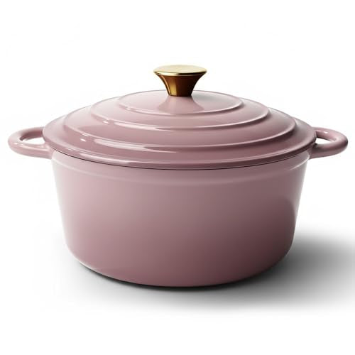 Vintage Style 4.5 Quart Dutch Oven Pot with Lid, Non Stick Enameled Cast Iron Dutch Oven for Bread Baking, Heavy-Duty, Oven Safe Ceramic Cookware Up to 500°F for Baking, Braising, Stews, Roasting, Pink