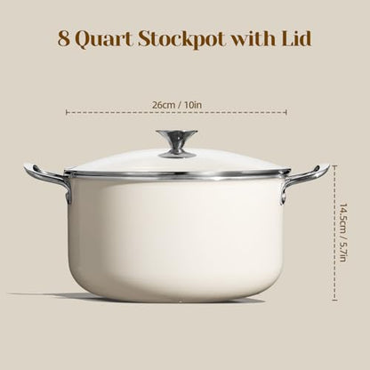 Ceramic Nonstick Stock Pot with Lid 8 QT Large Induction Cooking Pot with Stainless Steel Handles, Non Toxic Soup Pot for Stews, Oven & Dishwasher Safe, Cream White