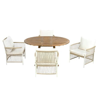 CKLMMC Modern 5-Piece Outdoor Patio Dining Set, All-Weather Acacia Wood Extendable Round Dining Table with 12inch Butterfly Leaf and 4 Rattan Arm Chairs for Backyard, Garden, Poolside