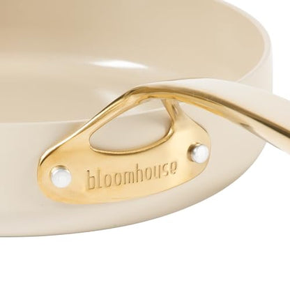 Bloomhouse - Two Time Oprah's Favorite Things Winner - 10 Inch Heavy Duty Aluminum Premium PFA Free Ceramic Nonstick Saute/Deep Frying Pan Skillet with Lid - Almond Cream w/Gold Handle
