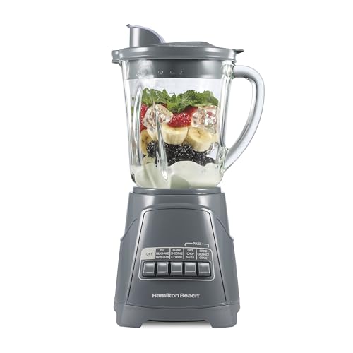 Hamilton Beach Power Elite Wave Action Blender For Smoothies, 40 Oz Glass Jar, 12 Functions Including Puree, Crush Ice, 700 Watts, Grey (58153J)