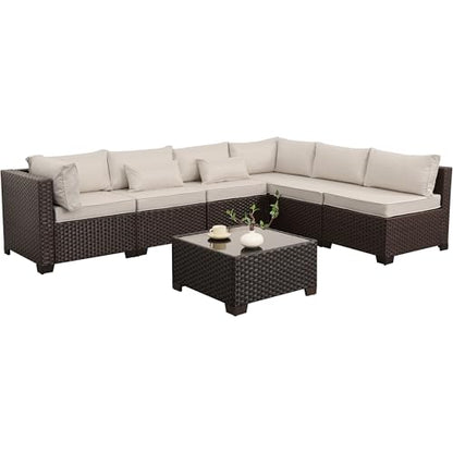 Rattaner 7 Pieces Wicker Patio Furniture Conversation Set Outdoor Sectional Sofa Glass Coffee Table with Non-Slip Cushions and Furniture Cover, Beige
