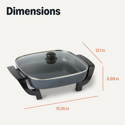 Amazon Basics Electric Skillet and Frying Pan with Glass Lid, Nonstick Ceramic Coating, Adjustable Temperature Control, 15.6 x 12.1 x 6.9 inch, Black