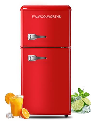 F.W.WOOLWORTHS 3.5 Cu.Ft Fridge with Freezer, Refrigerator with 2 Doors for Office, Kitchen, Dorm and Bedroom, Fridge with 7 Level Temp Adjustable Thermostat, Red
