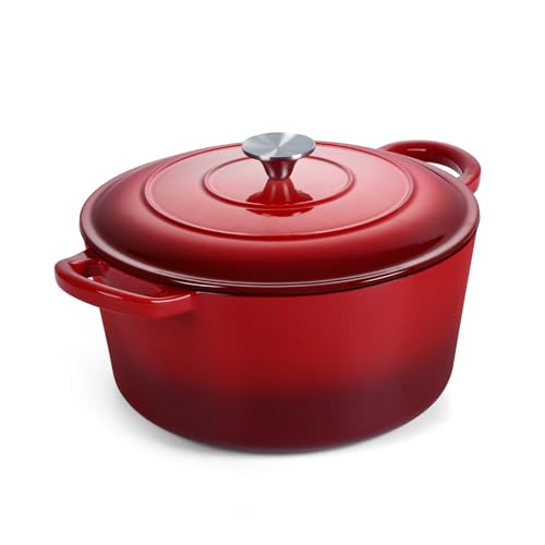 Onader Dutch Oven Pot with Lid, 6 QT Enameled Cast Iron Round Dutch Oven for Bread Baking, Heavy Duty Cast Iron Pot - Red