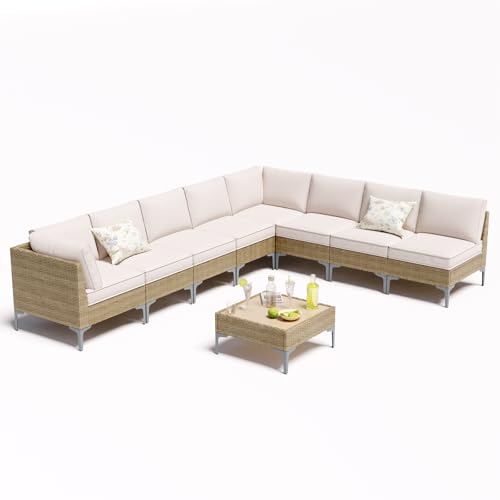 JOYURE 9 Piece Wicker Patio Furniture Set,Outdoor Conversation Sectional Sofa w/Coffee Table,All-Weather Outdoor Sofa with Thick and Anti-Slip Cushions for Deck,Poolside,Garden,Beige