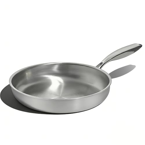 Umite Chef 10 Inch Stainless Steel Frying Pan, Non-Toxic 5 Ply Stainless Clad, Professional Skillet Cookware, Dishwasher Safe Kitchen Pan, Compatible with Induction, Oven Safe Saucepan,PFOA&PTFE Free